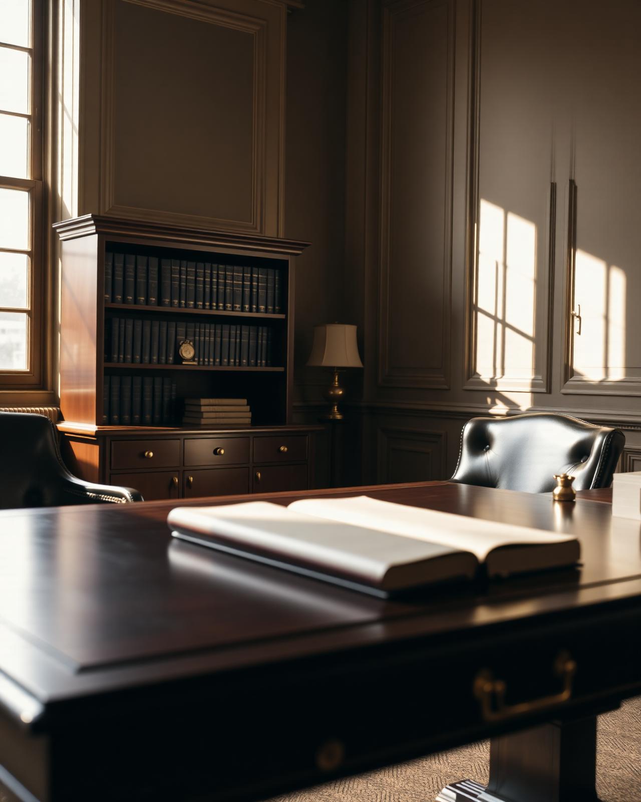 Interior birou notarial cu birou din lemn și bibliotecă juridică